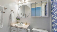 Pano Minimalist Small Bathroom With White Vanity Toilet And Mirror Against Plain Wall
