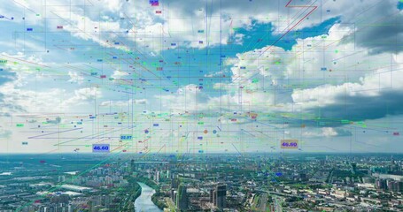 Poster - Smart City Aerial Drone Footage Hologram Information Arches Forming During Network Communication Futuristic Network and Technology 5G Drone Low Light 4k. Video loop, time lapse