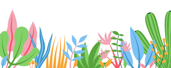 Poster - Summer nature background with floral pattern concept. Horizontal web banner with decorative leaves and plants. Botanical border isolated on white. Vector illustration in flat design for website
