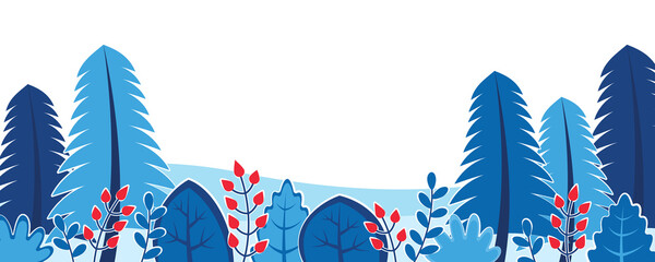 Poster - Winter nature background with landscape pattern concept. Horizontal border web banner with snowy wood with pine trees, bushes, plants with red berries. Vector illustration in flat design for website