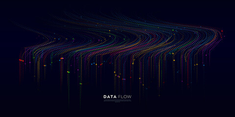 Poster - wave vector element with abstract colorful dots line on dark background. futuristic data stream illu