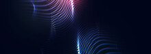 Spiral Abstract Neon Light In Motion. Digital Blue LED Lights Wave With Motion Effect On Black Background. Glowing Illumination Light Of Futuristic Swirl For Tv Screen Backdrop.