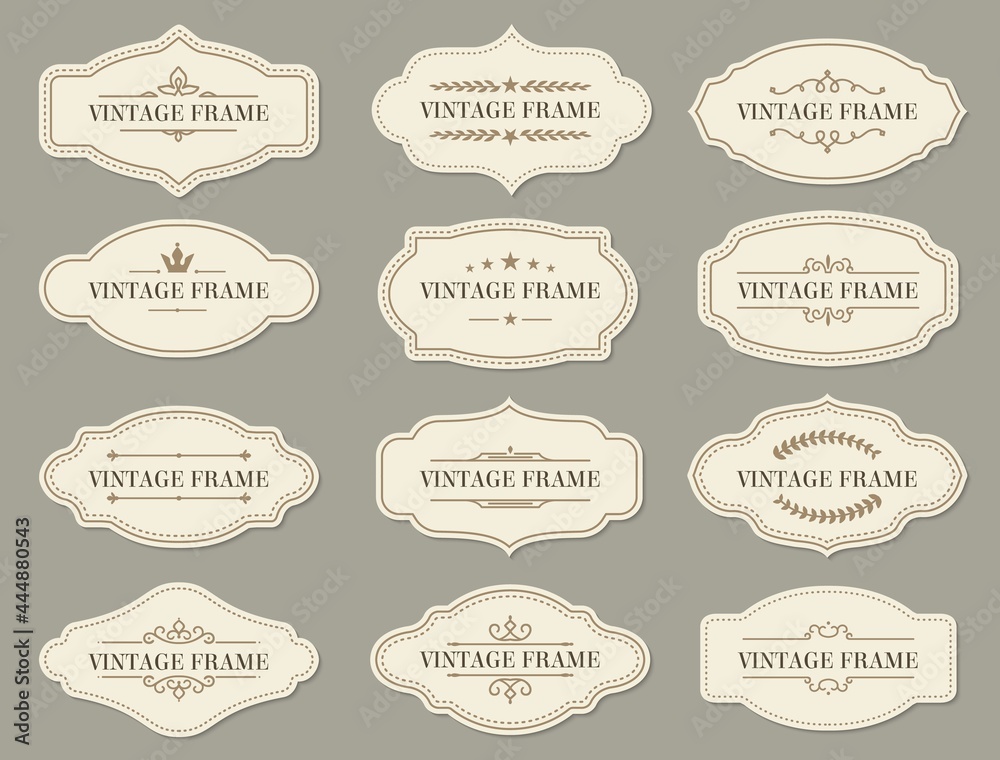 Vintage retro borders and frames, vector labels and ornate banners. Vintage frames and certificate ornament with floral filigree for menu or wedding greeting cards with royal crown and stars - obrazy, fototapety, plakaty 