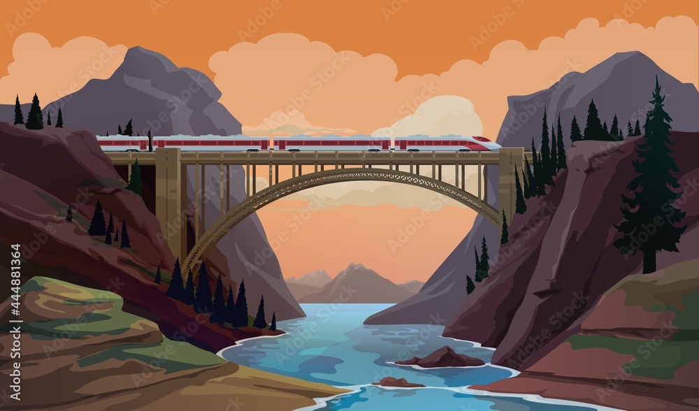 Train on bridge. Railway travel cartoon vector scene with modern high speed express crossing canyon, mountain river by bridge. Passenger transportation, transport industry and railroad trip landscape - obrazy, fototapety, plakaty 