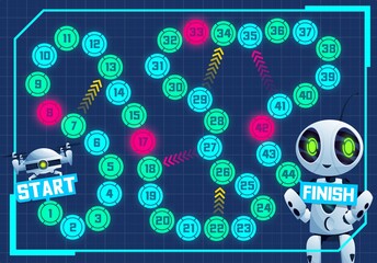 Poster - Boardgame with cartoon robot and drone, vector kids education. Start to finish board game, dice puzzle, riddle or maze with numbered steps, arrows, modern white ai robot, android and quadcopter