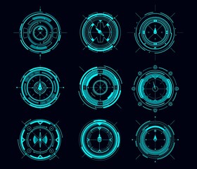 Poster - HUD compass or aim control panel vector futuristic user interface of Sci Fi. HUD game navigation compass and military aim system, sniper weapon target, scope crosshair, collimator sight, shoot range