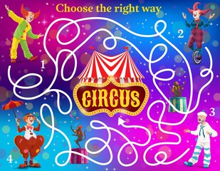 Poster - Labyrinth maze vector kids game with circus clowns. Find right way to circus shapito big top tent education game, logic puzzle, riddle or quize with cartoon clown characters of shapito carnival show