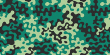 Military Emerald Green Camouflage, War Repeats Texture, Seamless Vector Background. Camo Pattern For Army Clothing, Fabric Hunting.