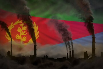 Wall Mural - dense smoke of industrial chimneys on Eritrea flag - global warming concept, background with place for your text - industrial 3D illustration