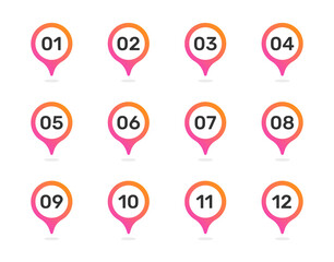 Leinwandbilder - Set number on pin bullet point in color markers 1 to 12. Vector illustration