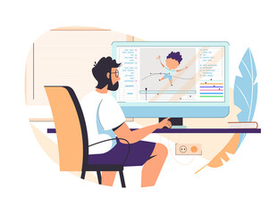 Guy animator designer in creative process vector illustration. Man motion designer sitting at workplace and working on computer. Freelancer graphic creator learn at online animation editor course.