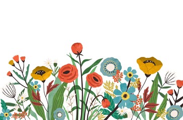 Poster - Botanical border with spring blooming flowers and leaves isolated on white background. Banner with floral decoration. Multicolor flowery edge. Colored flat textured vector illustration of wildflowers