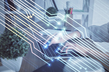 Aufkleber - Double exposure of woman hands working on computer and data theme hologram drawing. Tech concept.