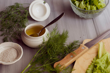 olive oil salt salad sliced on a cutting board on the table