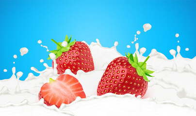 Wall Mural - Strawberry in milk splashes isolated on a blue background.