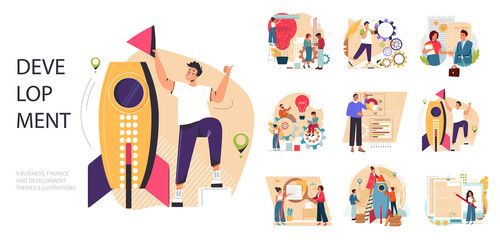 Business Development vector illustrations set. Collection of scenes with men and women taking part in business activities. New skills, career change or development, workshop and seminar,  job success.