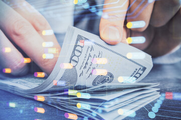 Aufkleber - Double exposure of technology drawing hologram and us dollars bills and man hands. Data concept