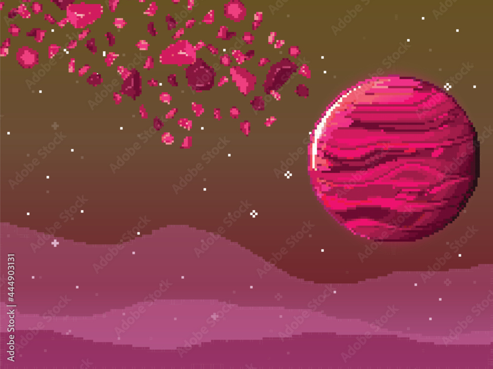 Pink Pixelplanet Pink planet in space with asteroids. Retro game design interface. Pixel ...