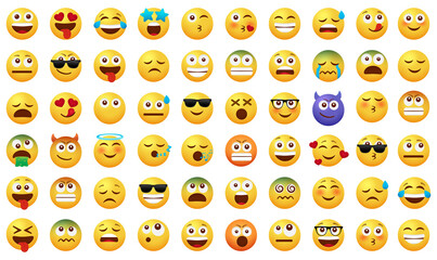 Poster - Emoticon smileys vector set. Emoji face icon smiley with smiling, kissing and sick facial expressions isolated in white background for cute emoticons cartoon collection design. Vector illustration
