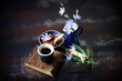 Chicory drink in a mug. Flowers and leaves of chicory. Still life with chicory.