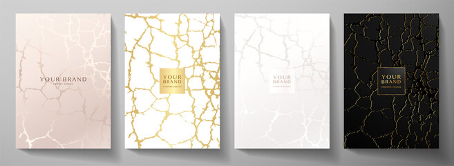 Wall Mural - Modern cover, frame design set. Premium abstract pattern with crack texture (grunge background). Luxury vector in pink, gold, white, black colour for catalog, brochure template, restaurant or cafe men