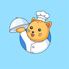 cute cat restaurant chef holding covered food tray animal mascot cartoon vector illustration