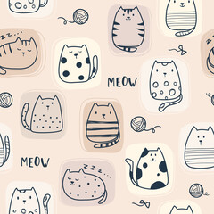 Cat pattern, seamless animal background, perfect for fabric, textile, wrapping paper, hand drawn vector illustration