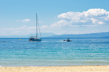 Sticker - Koukounaries beach. famous sandy beach and the bay of Koukounaries , exotic, Skiathos island,Greece