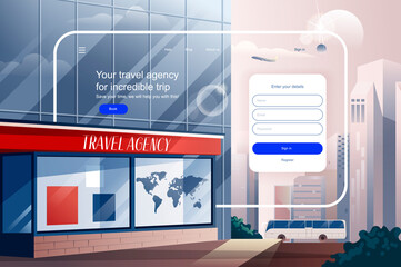 Poster - Travel agency for incredible trip concept. Service of choosing and booking of tours and tickets website layout. International tourism travel. Vector illustration in flat design for landing page