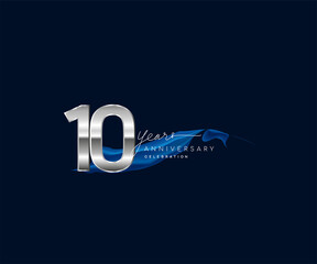 Poster - 10th Years Anniversary celebration logotype silver colored with blue ribbon and isolated on dark blue background