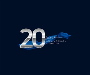 Wall Mural - 20th Years Anniversary celebration logotype silver colored with blue ribbon and isolated on dark blue background