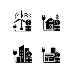 Sticker - Electricity black glyph icons set on white space. Wind energy financial expense. Rural area utility service. Electricity consumption price. Silhouette symbols. Vector isolated illustration