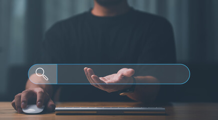 Leinwandbilder - Data Search Technology Search Engine Optimization. man's hands are using a computer keyboard to Searching for information. Using Search Console with your website..