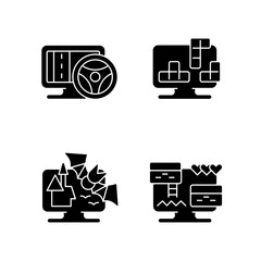 Wall Mural - Life simulator games types black glyph icons set on white space. Vehicles controlling games. Interesting block puzzles. Scarry horror stories. Silhouette symbols. Vector isolated illustration