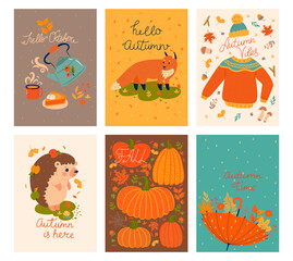  Set of cute autumn cards. Vector graphics.