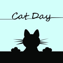 Vector Drawing For The Day Of Cats On August 8. A Silhouette Cat Looks Out From The Bottom Of The Picture. Black And Blue. Print For Postcard, Poster, Flyer. 