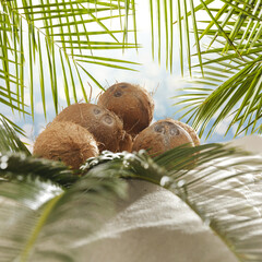 Wall Mural - Fresh coconuts on sand and landscape of sea 