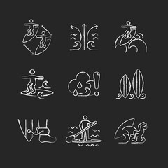 Sticker - Water activities chalk white icons set on dark background. Surfing maneuvers. Keeping distance between surfers. Rip currents. Floater technique. Isolated vector chalkboard illustrations on black