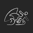 Surf wipeout chalk white icon on dark background. Being thrown off surfboard by breaking waves. Lead to broken boards, injuries. Losing consciousness. Isolated vector chalkboard illustration on black