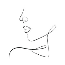 Woman Face One Line Drawing On White Isolated Background