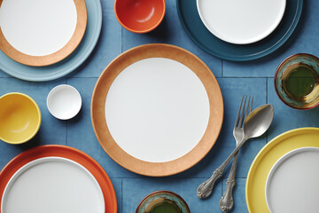 Mockup background for food stylist presentation. Top view of empty plates with tableware setting on blue terracotta background. 3d render illustration. Clipping path of each element included.