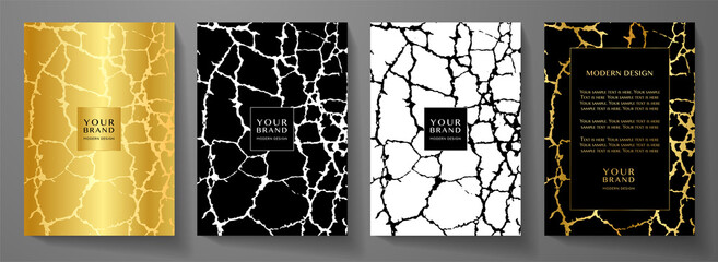 Wall Mural - Modern black and gold cover, frame design set. Premium abstract pattern with crack texture (grunge background). Luxury vector for catalog, brochure template, restaurant or cafe menu, luxe booklet