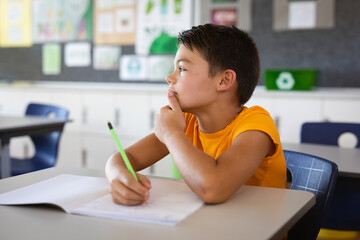 Wall Mural - Caucasian boy studying while sitting on his desk in the class at school