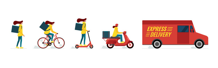 Express delivery female courier service concept set. Online fast logistic woman on bicycle, electric scooter, moped, cargo van and walk on foot with orders parcel box and backpack. Vector llustration