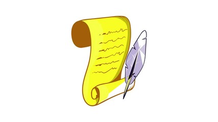 Poster - Old paper scroll and feather icon animation cartoon best object isolated on white background
