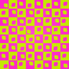 Aufkleber - Pink and yellow squares and opposite blots in the center. Vector chessboard.