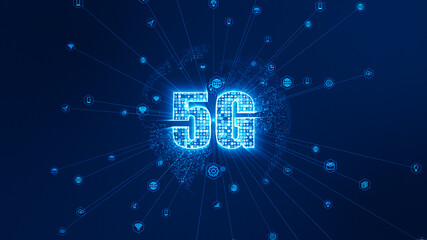 Poster - Blue digital 5G icon and earth sphere with line connection and data transter to icon futuristic technology abstract background