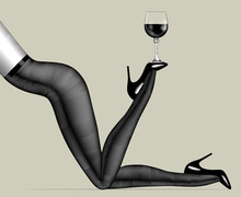 Female Legs In Pantyhose And High-heeled Shoes Holding A Wine Glass