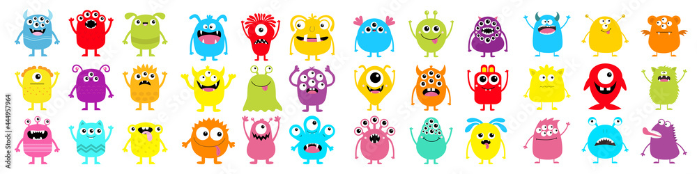 Monster super big icon set. Happy Halloween. Funny head face colorful silhouette. Cute cartoon kawaii baby character. Eyes horn teeth fang tongue. Hands up, down. Flat design. White background. - obrazy, fototapety, plakaty 