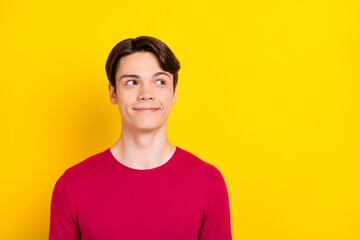 Poster - Photo of optimistic brunet young guy look empty space wear red sweater isolated on yellow background